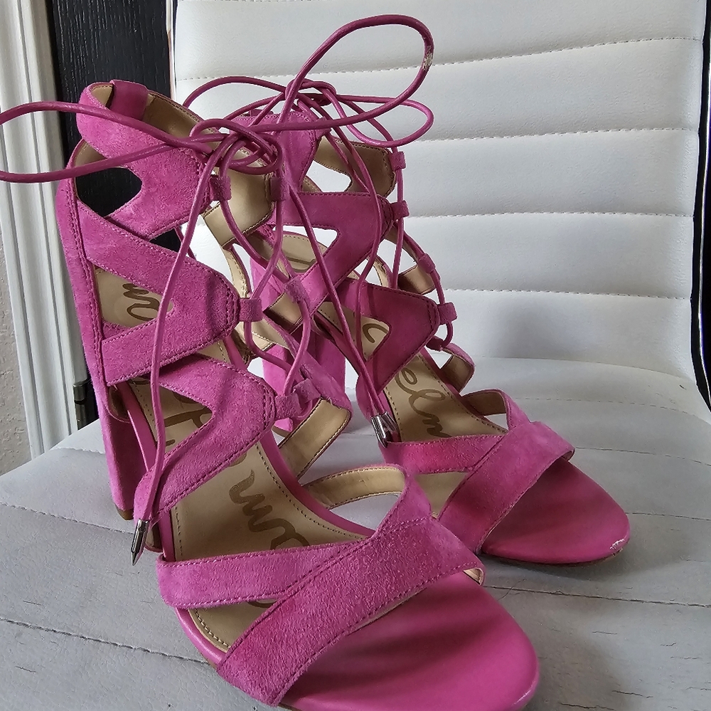 SHOW STOPPER Sam Edelman Size 8.5 Vibrant Pink String Up Heels.